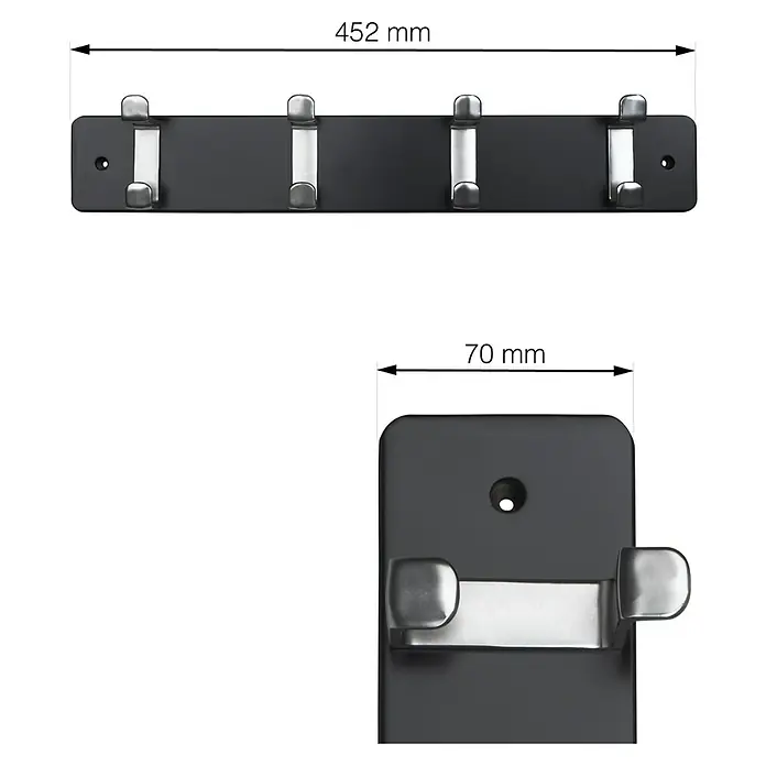 Walteco Hakenleiste - L x B x H: 450 x 60 x 80 mm, Anzahl Haken: 4 Stk., MDF - Eine schwarze Kleiderleiste mit vier silbernen Haken und den Maßen 452 mm Länge und 70 mm Tiefe.