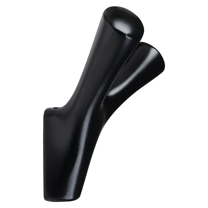 Walteco Garderobenhaken AMIOSO II - L x B x H: 76 x 48 x 92 mm, Anzahl Haken: 2 Stk., Schwarz - Nahaufnahme einer glänzenden, schwarzen Schuhabsatz-Skulptur. Perfekt für Schuhliebhaber und modernes Design.
