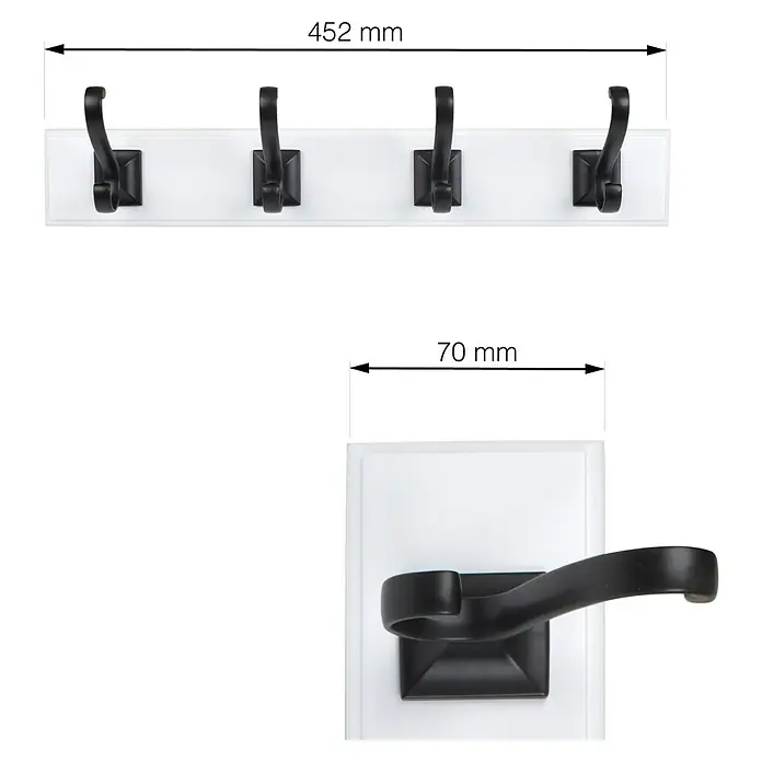 Walteco Hakenleiste - L x B x H: 450 x 90 x 100 mm, Anzahl Haken: 4 Stk., MDF - Garderobenleiste mit vier Haken und Detailansicht eines Hakens mit Maßen. Praktisch und stilvoll für jeden Raum!
