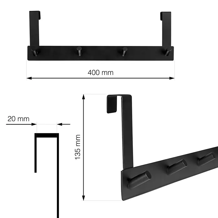 Walteco Türhaken - L x B x H: 400 x 55 x 132 mm, Metall, 4 Stk. - Schwarzer Türhaken mit den Maßen 400 mm Breite, 135 mm Höhe und 20 mm Tiefe für zusätzlichen Stauraum an Türen.