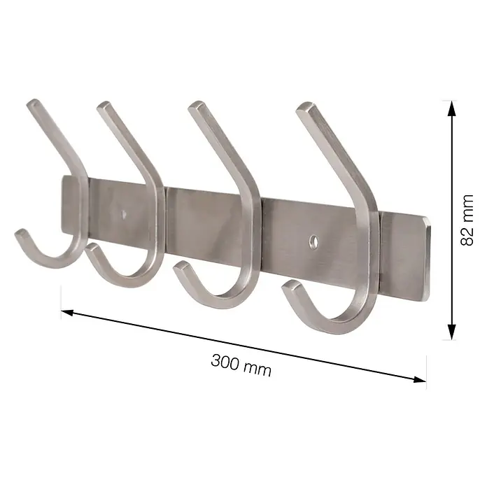 Walteco Hakenleiste - L x H: 300 x 82 mm, Anzahl Haken: 4 Stk., Edelstahl - Garderobenleiste aus Edelstahl mit vier Haken und Maßangaben für Länge (300mm) und Höhe (82mm).