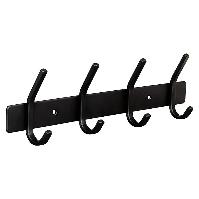 Walteco Hakenleiste - L x B x H: 300 x 40 x 800 mm, Anzahl Haken: 4 Stk., Edelstahl - Eine schwarze Wandgarderobe mit vier Haken, ideal für Jacken und Hüte. Die robuste Konstruktion sorgt für Ordnung im Flur.