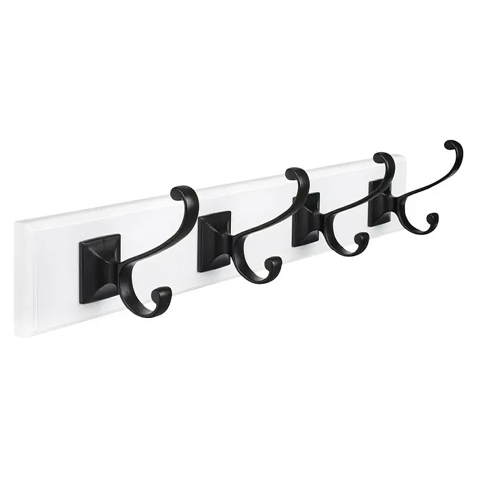 Walteco Hakenleiste - L x B x H: 450 x 90 x 100 mm, Anzahl Haken: 4 Stk., MDF - Weiße Garderobenleiste mit fünf schwarzen Haken für Jacken, Mäntel und Hüte. Ideal für Flur oder Schlafzimmer.