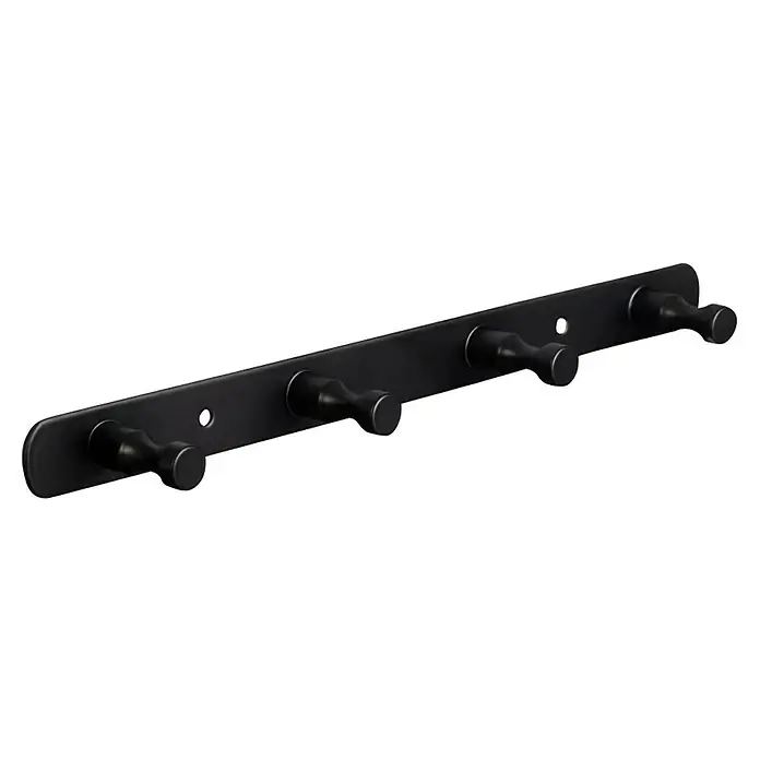 Walteco Hakenleiste - L x B x H: 300 x 40 x 25 mm, Anzahl Haken: 4 Stk., Edelstahl - Schwarze Wandgarderobe mit vier Haken und Befestigungslöchern zur stilvollen und praktischen Aufbewahrung von Kleidung.