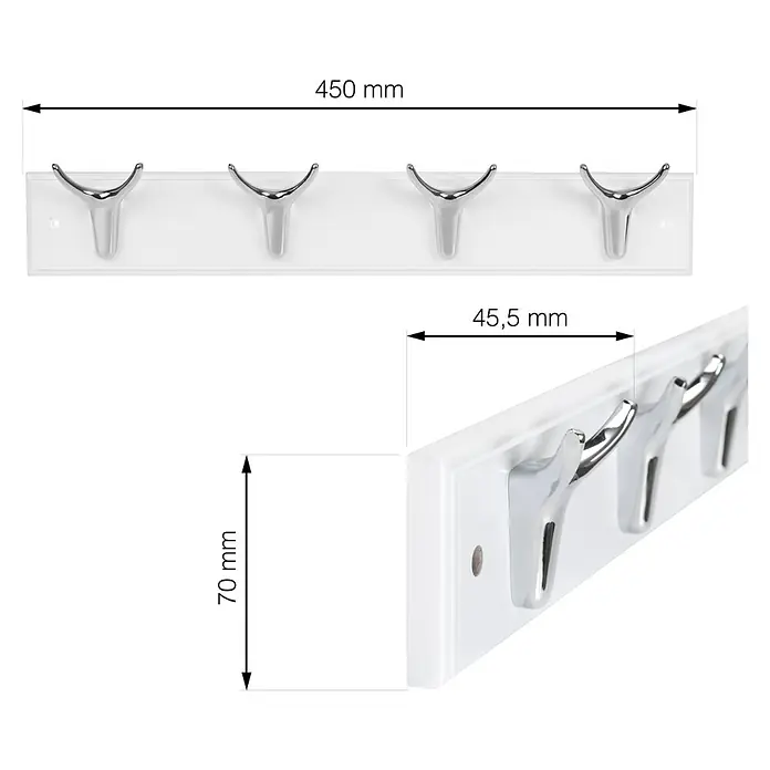 Walteco Hakenleiste - L x B x H: 450 x 46 x 75 mm, Anzahl Haken: 4 Stk., MDF - Abmessungen einer weißen Garderobenleiste mit vier verchromten Haken und Maßangaben.