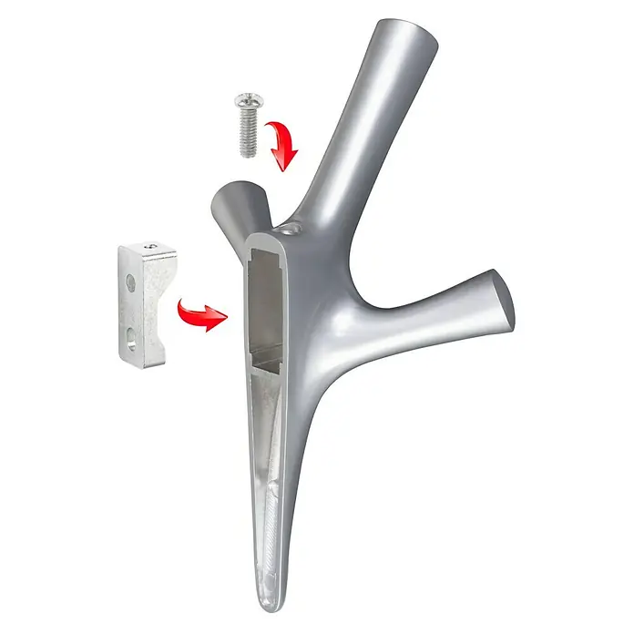 Walteco Garderobenhaken AMIOSO I - L x B x H: 107 x 59 x 160 mm, Anzahl Haken: 3 Stk., Gold - Eine silberne Garderobenhaken-Konstruktion mit einer Schraube und einer Montagehalterung wird dargestellt.