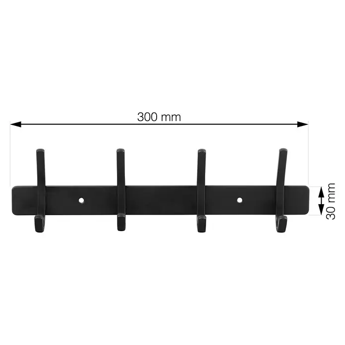 Walteco Hakenleiste - L x B x H: 300 x 40 x 800 mm, Anzahl Haken: 4 Stk., Edelstahl - Nahaufnahme einer schwarzen Garderobenleiste mit vier Haken und Maßangaben (300mm Länge, 30mm Höhe). Perfekt für Jacken und Accessoires.