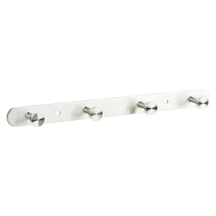 Walteco Hakenleiste - L x H: 300 x 25 mm, Anzahl Haken: 4 Stk., Edelstahl - Eine silberne Garderobenleiste mit vier Haken und einer glatten Oberfläche, ideal für die Aufbewahrung von Jacken und Accessoires.