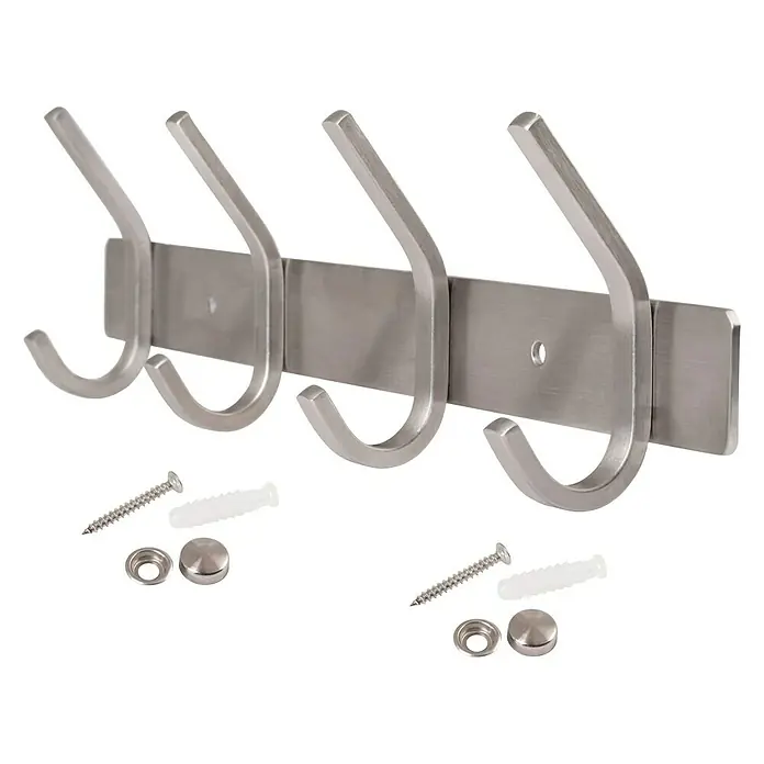 Walteco Hakenleiste - L x H: 300 x 82 mm, Anzahl Haken: 4 Stk., Edelstahl - Eine silberne Garderobenleiste mit vier Haken und zugehörigen Schrauben, Dübeln und Abdeckkappen.