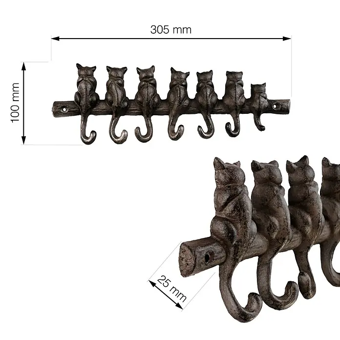 Walteco Hakenleiste - L x B x H: 305 x 25 x 100 mm, Anzahl Haken: 7 Stk., Eisen - Abmessungen des Wandgarderobenleiste mit sieben Katzenfiguren und Haken in Antik-Braun mit genauen Maßangaben.