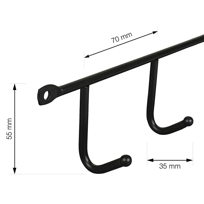 Walteco Hakenleiste - L x B x H: 350 x 35 x 60 mm, Anzahl Haken: 5 Stk., Schwarz - Schwarze Garderobenleiste mit zwei Haken und Maßangaben für Abstände und Größe. Praktische Aufbewahrung für Jacken und Accessoires.