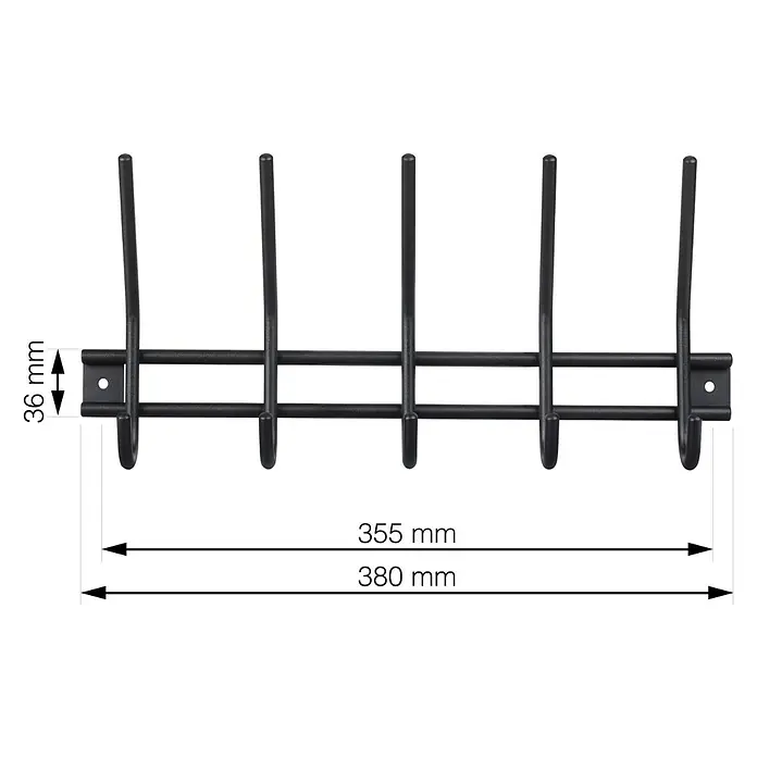 Walteco Hakenleiste - L x B x H: 380 x 50 x 165 mm, Anzahl Haken: 5 Stk., Metall - Abbildung einer schwarzen Metallgarderobe mit fünf Haken, Abmessungen inklusive.