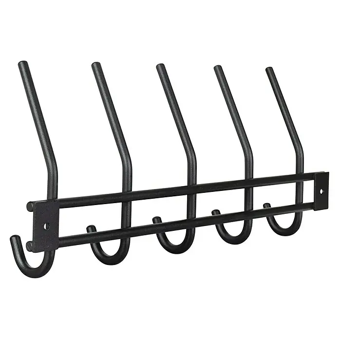 Walteco Hakenleiste - L x B x H: 380 x 50 x 165 mm, Anzahl Haken: 5 Stk., Metall - Nahaufnahme einer schwarzen Wandgarderobe mit fünf Haken, ideal zur Aufbewahrung von Jacken und Hüten im Flur.