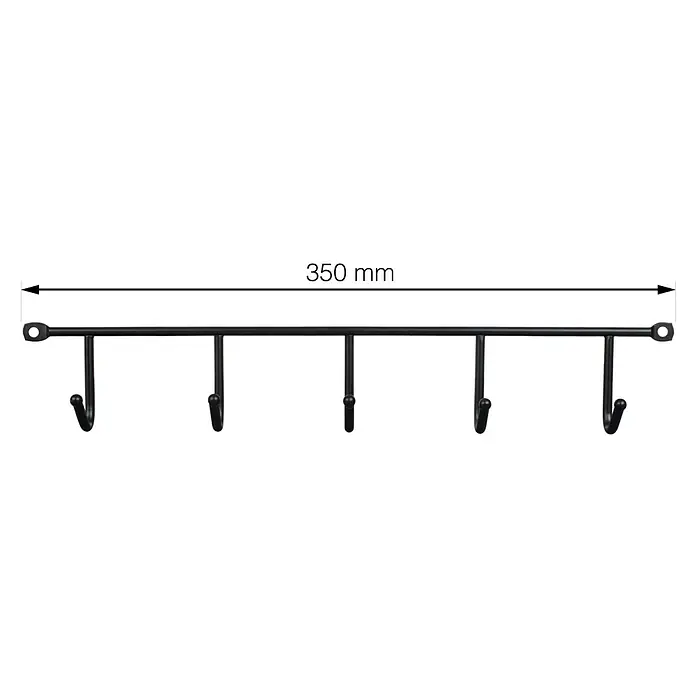 Walteco Hakenleiste - L x B x H: 350 x 35 x 60 mm, Anzahl Haken: 5 Stk., Schwarz - Produktbild einer schwarzen Hängeleiste mit 5 Haken und einer Länge von 350 mm zur Wandmontage, ideal für Küche oder Bad.