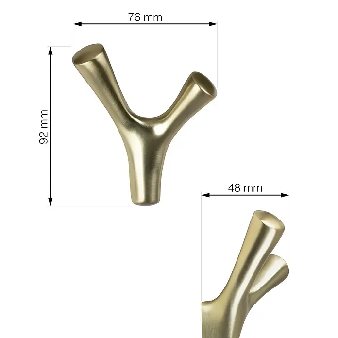 Walteco Garderobenhaken AMIOSO II - L x B x H: 76 x 48 x 92 mm, Anzahl Haken: 2 Stk., Gold - Y-förmiger Kleiderhaken in Goldoptik mit Maßangaben. Praktisch und stilvoll für Garderobe oder Badezimmer.
