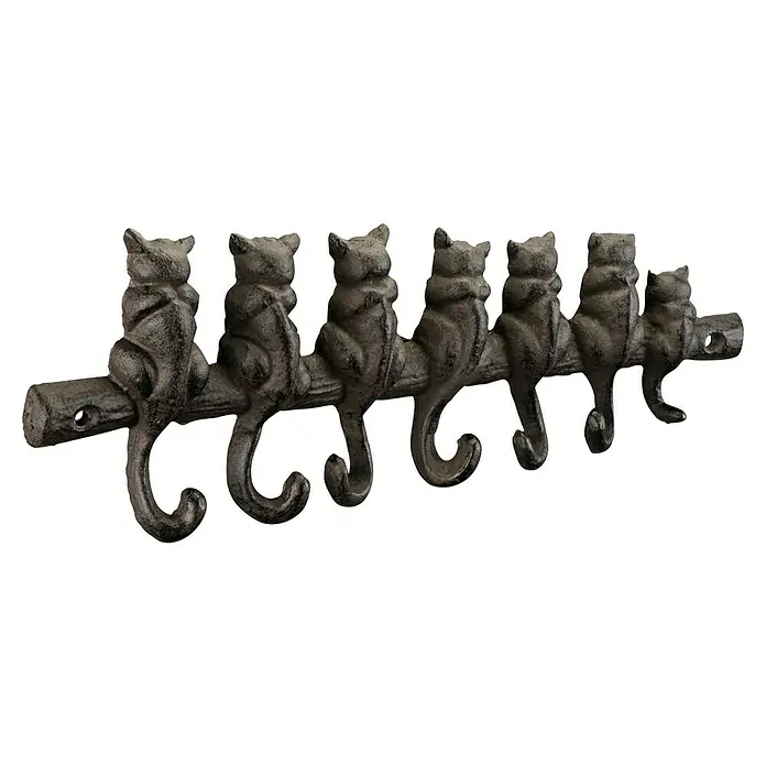 Walteco Hakenleiste - L x B x H: 305 x 25 x 100 mm, Anzahl Haken: 7 Stk., Eisen - Kleiderhakenleiste mit sieben Katzenfiguren auf einem Ast, perfekt für Katzenliebhaber, um Jacken und Hüte stilvoll aufzuhängen.
