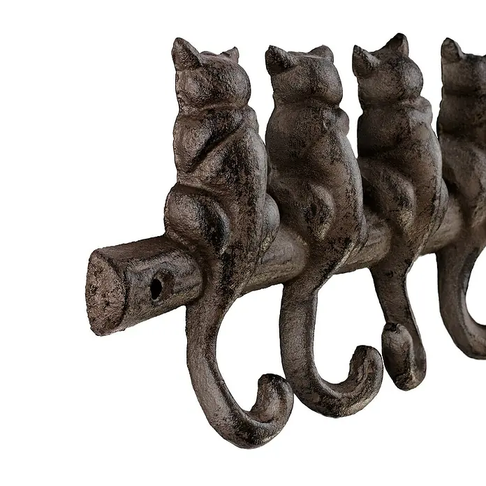 Walteco Hakenleiste - L x B x H: 305 x 25 x 100 mm, Anzahl Haken: 7 Stk., Eisen - Antiker Katzen-Wandhaken aus Gusseisen mit vier Haken zum Aufhängen von Jacken, Hüten und mehr.