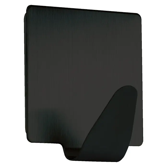 Walteco Selbstklebehaken Selbstklebend - L x B x H: 49 x 22 x 56 mm, Kleben, Schwarz - Ein quadratischer, selbstklebender Wandhaken in Schwarz mit abgerundeten Kanten und einem stabilen, nach oben gebogenen Haken für vielfältige Aufhängungen.