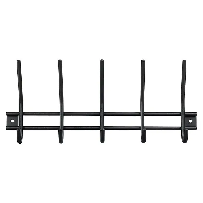 Walteco Hakenleiste - L x B x H: 380 x 50 x 165 mm, Anzahl Haken: 5 Stk., Metall - Eine Nahaufnahme einer schwarzen Wandgarderobe mit fünf Haken und zwei horizontalen Stangen zur stabilen Befestigung an der Wand.