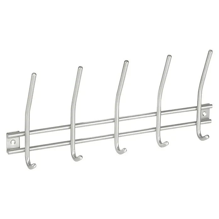 Walteco Hakenleiste - L x B x H: 380 x 50 x 165 mm, Anzahl Haken: 5 Stk., Edelstahl - Eine silberne Wandgarderobe mit sechs Haken, ideal zur platzsparenden Aufbewahrung von Jacken und Mänteln in Flur oder Büro.