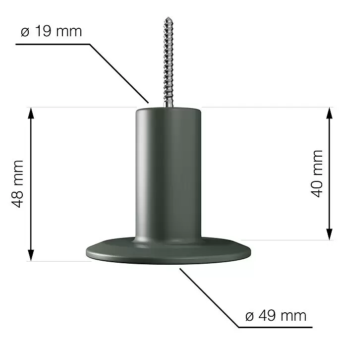 Walteco Garderobenhaken - Gesamtumfang: 4 -tlg., Mehrfarbig (Grau, Grün, Weiß, Orange) - Dunkelgrauer Möbelfuß mit integrierter Schraube. Gesamthöhe 48mm, zylindrische Körperhöhe 40mm, Körper-Ø 19mm, Basis-Ø 49mm.