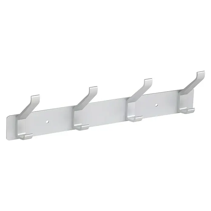 Walteco Hakenleiste - L x B x H: 295 x 55 x 85 mm, Anzahl Haken: 4 Stk., Aluminium - Eine weiße Garderobenleiste mit vier Haken zur Wandmontage. Das Produkt ist schlicht und funktional.