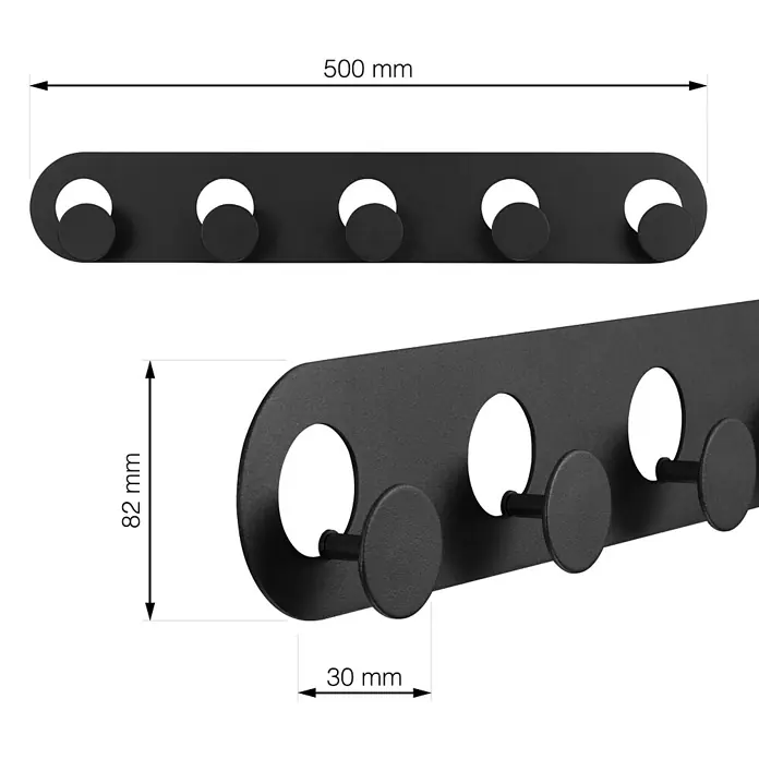 Walteco Hakenleiste - L x B x H: 500 x 30 x 82 mm, Anzahl Haken: 5 Stk., Metall - Eine moderne, schwarze Garderobenleiste mit fünf Haken und klaren Abmessungen für eine effiziente Raumnutzung.
