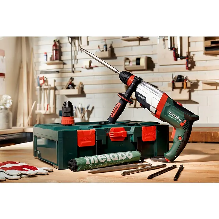 Metabo Kombihammer UHEV 2860-2 Quick Set - 1.100 W, 3,4 J, SDS-Plus-Aufnahme - Ein Metabo UHEV 2860-2 Quick Bohrhammer mit Zubehör und Werkzeugkiste. Ideal für Bau- und Renovierungsarbeiten.