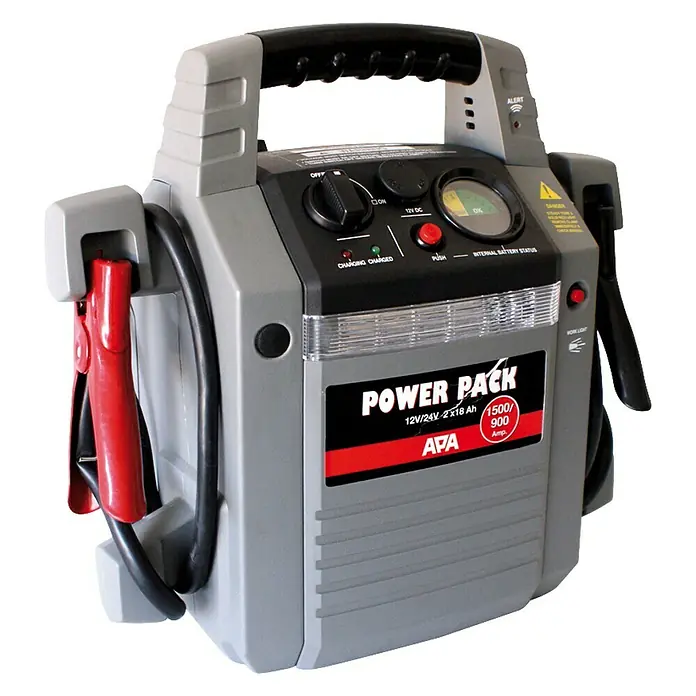 APA Energiestation - 32 Ah - Grauer APA Power Pack Starthilfe mit rotem Pluspol, schwarzem Minuspol und Tragegriff für den mobilen Einsatz.