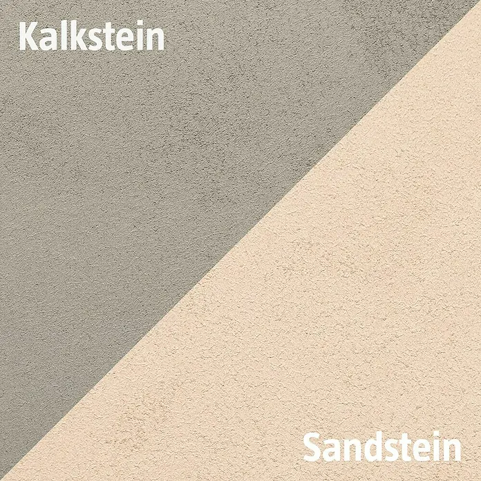 SCHÖNER WOHNEN-Farbe Trendstruktur Dekoputz-Zusatz Stone-Optik Effektzusatz - Farblos, 150 g - Kalkstein und Sandstein: Ein strukturiertes Wanddesign, das Kalkstein und Sandstein auf einer zweigeteilten Oberfläche zeigt.