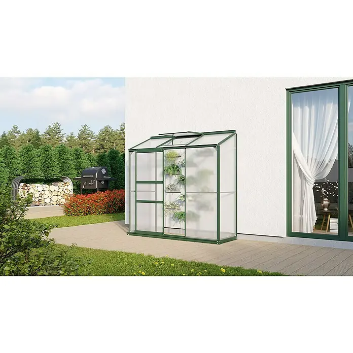 Vitavia Gewächshaus Styx 1300 - Außenmaß inkl. Dachüberstand (B x T): 192,8 x 69 cm, 4 mm, Smaragd - Das Anlehngewächshaus mit grüner Umrandung bietet den perfekten Ort für Pflanzen. Ideal für Gartenliebhaber!