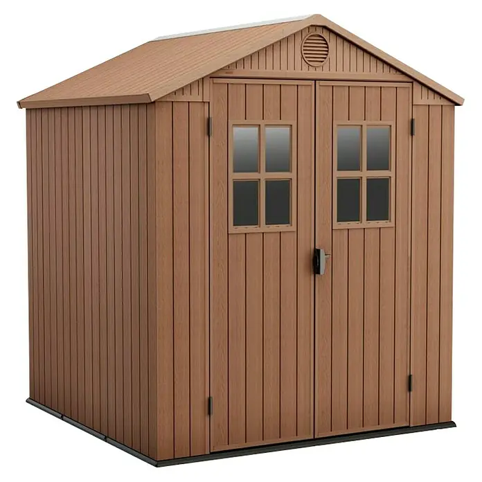 Keter Caseta de jardín Darwin 6X6 II - Medidas ext. (An x Pr): 190 x 183 cm, Plástico, Marrón, 3,3 m² - Una caseta de jardín espaciosa con aspecto de madera, perfecta para guardar herramientas y equipos de jardinería. Esta caseta ofrece gran espacio.