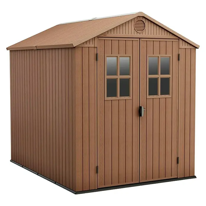 Keter Caseta de jardín Darwin 6X8 II - Medidas ext. (An x Pr): 190 x 244 cm, Plástico, Marrón, 4,5 m² - Amplio cobertizo de madera con puertas dobles y ventanas, ideal para guardar herramientas y equipos de jardín.
