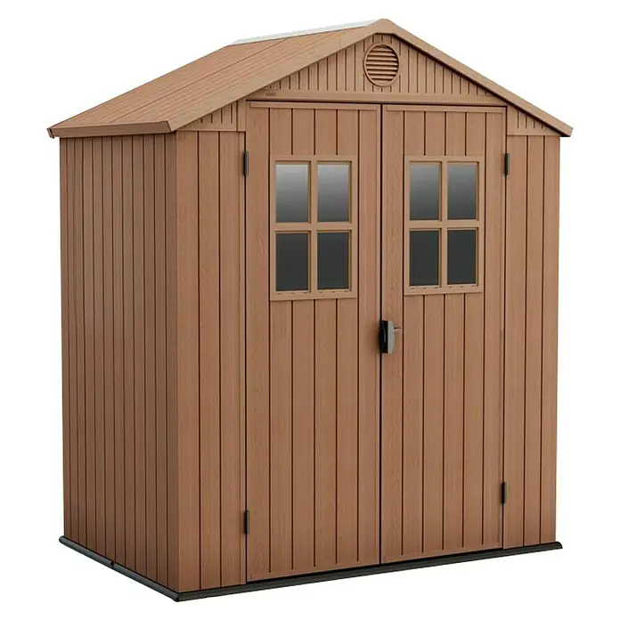 Keter Caseta de jardín Darwin 6X4 II - Medidas ext. (An x Pr): 190 x 121 cm, Plástico, Marrón, 2,3 m² - La imagen muestra una caseta de jardín de plástico marrón con puertas dobles y ventanas, ideal para el almacenamiento exterior.