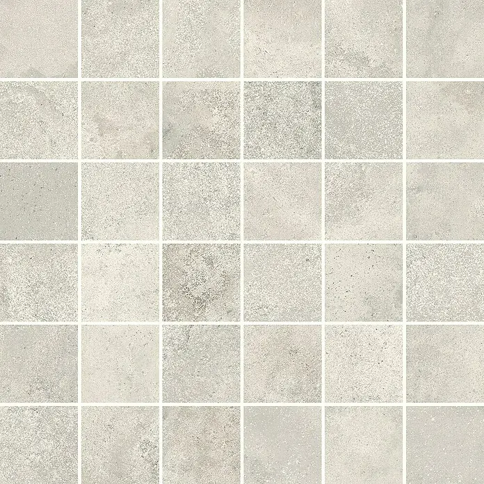 Queens Mosaikfliese 5 x 5 - 29,8 x 29,8 cm, Weiß, Matt - Nahaufnahme eines Musters aus quadratischen, hellgrauen Steinzeugfliesen, ideal für moderne Badezimmer oder Küchen. Die Fliesen haben eine leicht strukturierte Oberfläche.