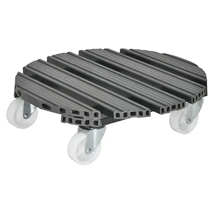 Wagner System Pflanzenroller - 38,5 cm, WPC, Anthrazit, Max. Belastung: 120 kg - Rollbrett für Pflanzen mit grauem Holzgitter und weißen Rollen zum einfachen Bewegen von Blumentöpfen.