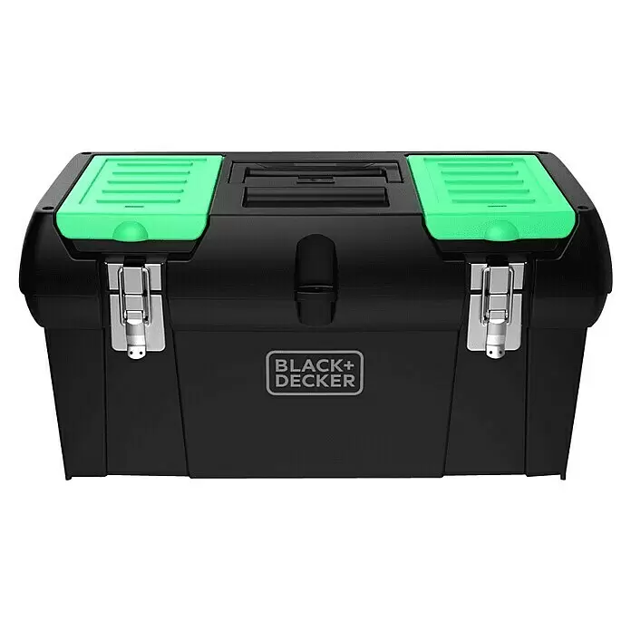 Black+Decker reviva Juego de cajas de herramientas - Plástico, Negro/Verde, 2 pzs. - Caja de herramientas Black+Decker con cuerpo negro, dos compartimentos superiores verde brillante y pestillos metálicos plateados.