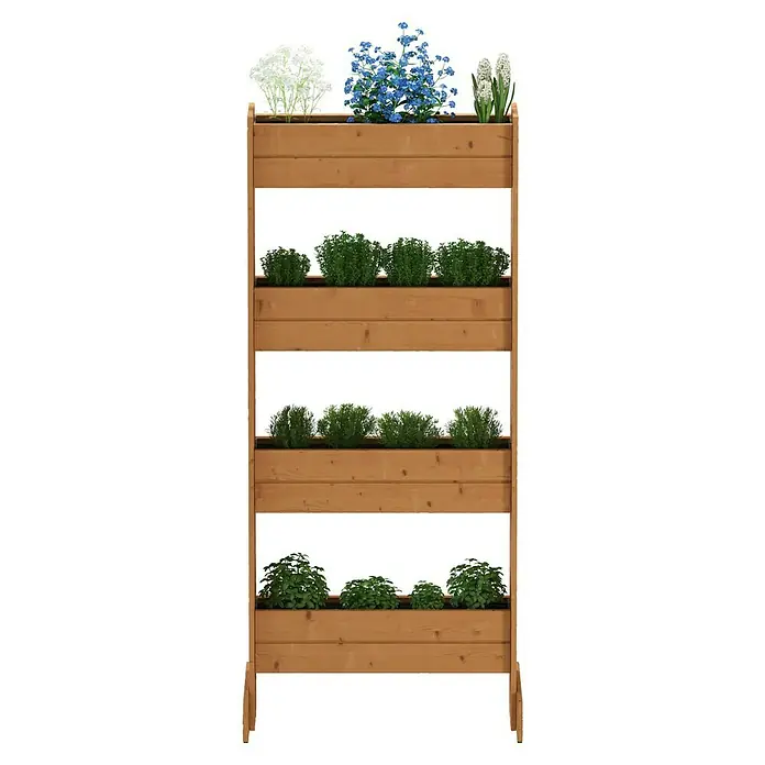 Dobar Hochbeet - 55 x 40 x 125 cm, Holz, Bernstein - Holz Pflanzgefäß mit vier Ebenen und verschiedenen Pflanzen darauf.
