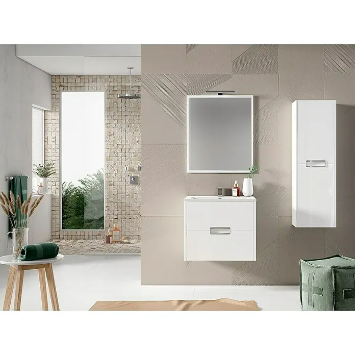 Mueble bajo de lavabo Montana Slim - L x An x Al: 39 x 70 x 50 cm, Blanco - Elegante interior de baño con mueble de lavabo blanco, armario con espejo y armario alto frente a una pared de azulejos moderna.