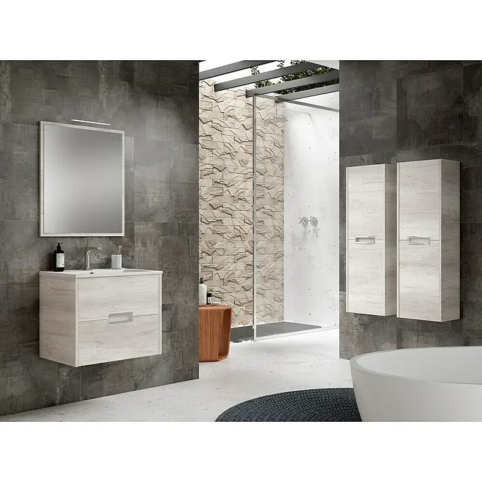 Mueble bajo de lavabo Montana Slim - L x An x Al: 39 x 70 x 50 cm, Blanco polar/Cromo - Interior de baño moderno con mueble de lavabo, espejo, armarios altos, ducha y bañera con un diseño elegante.