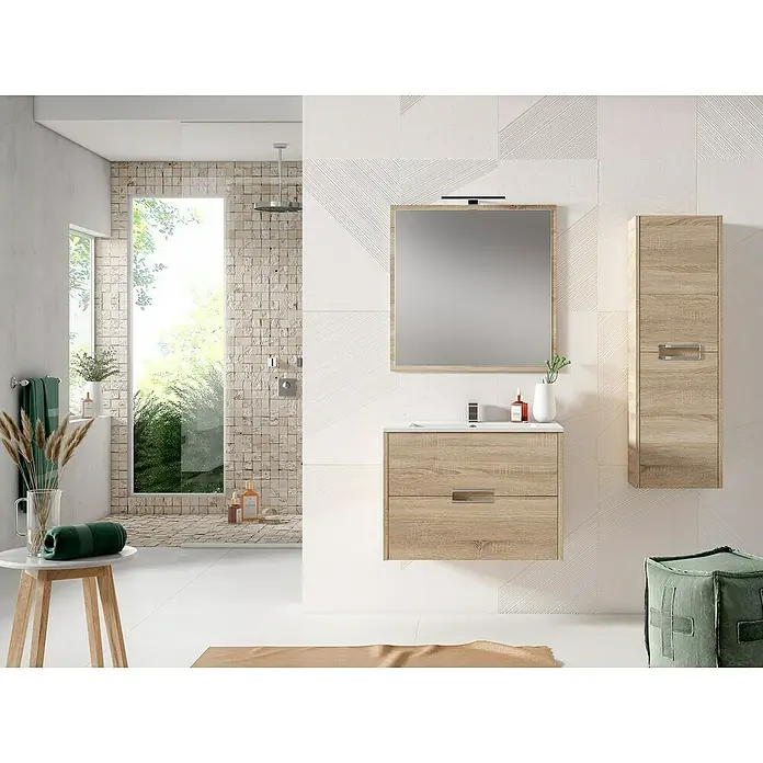 Mueble bajo de lavabo Montana - 45 x 70 x 50 cm, Roble - El baño luminoso muestra un tocador con textura de madera, un espejo, un armario de pared a juego y accesorios modernos.