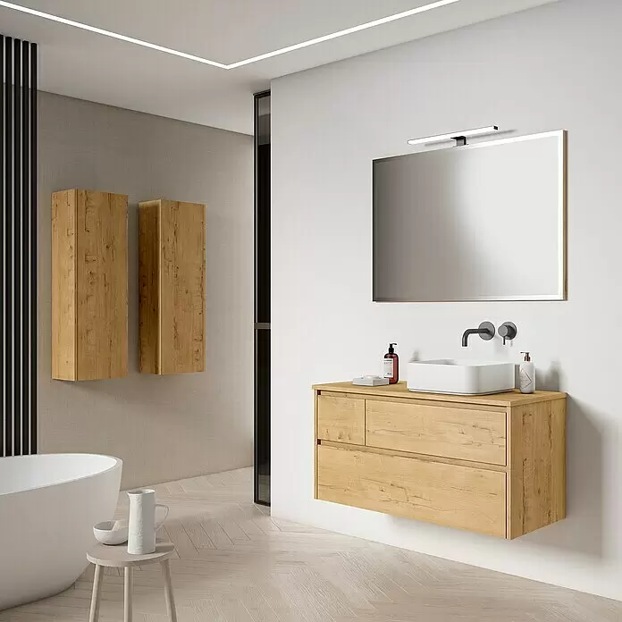 Mueble bajo de lavabo Emma derecha - L x An x Al: 45 x 80 x 50 cm, Nogal - Mueble de baño de madera clara con lavabo blanco y armarios de pared a juego en un baño moderno.