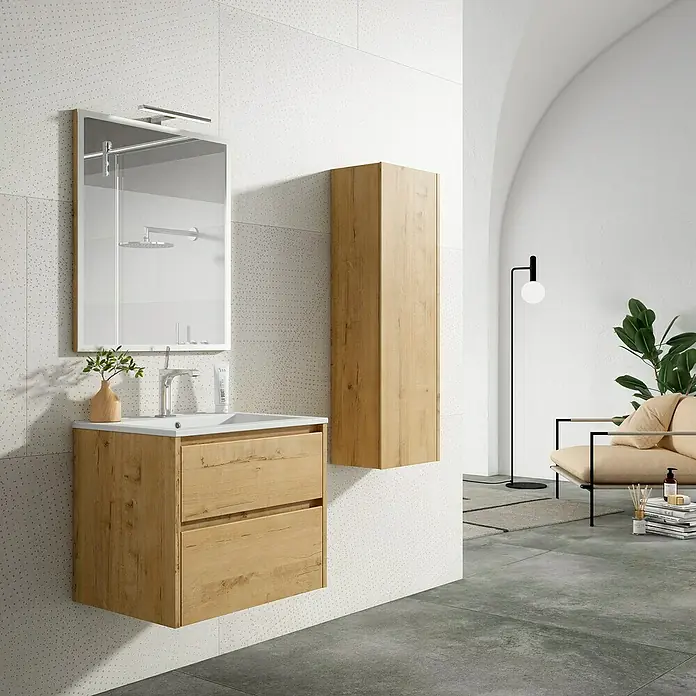 Conjunto de mueble de baño Iris 2C - 60 cm, Nogal, 3 pzs. - Baño moderno con mueble de lavabo de madera, espejo y armario alto, combinando diseño elegante y funcionalidad.