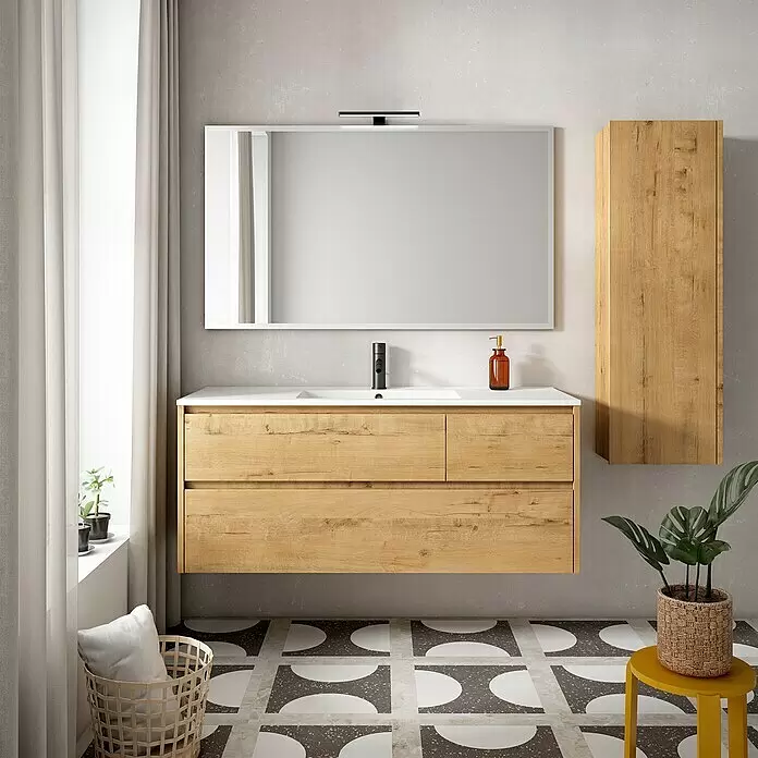 Mueble bajo de lavabo Emma - L x An x Al: 45 x 120 x 50 cm, Nogal - Mueble de baño de madera clara con lavabo blanco, espejo grande con luz integrada y armario alto a juego.