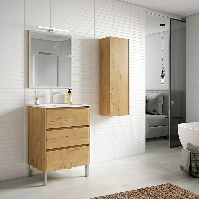 Conjunto de mueble de baño Iris - 60 cm, Nogal, 3 pzs. - Un baño con un mueble de lavabo con cajones, un armario de pared a juego y un espejo con iluminación superior.