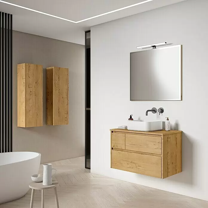 Mueble bajo de lavabo Emma - L x An x Al: 45 x 80 x 50 cm, Nogal - Baño moderno con mueble de madera clara, lavabo blanco y espejo.