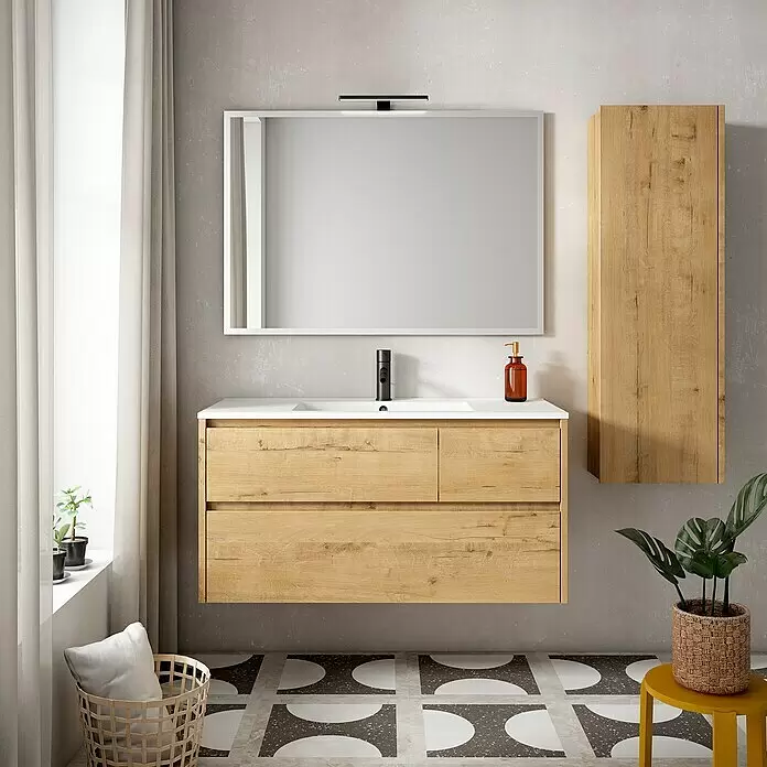 Mueble bajo de lavabo Emma - L x An x Al: 45 x 100 x 50 cm, Nogal - Mueble de baño moderno de madera clara con lavabo blanco, grifo negro y espejo, con un armario alto a juego.