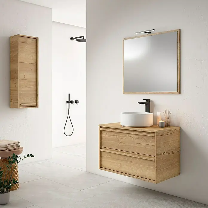 Mueble bajo de lavabo Línea - L x An x Al: 45 x 80 x 50 cm, Roble Natural - Tocador de madera con lavabo redondo de cerámica y espejo. Este moderno mueble de baño destaca por su aspecto natural y el diseño sencillo.