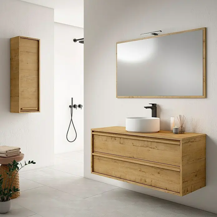 Mueble bajo de lavabo Línea - L x An x Al: 45 x 120 x 50 cm, Roble Natural - Baño moderno con mueble de lavabo de madera, lavabo sobre encimera, espejo y armario de pared a juego para un diseño elegante.