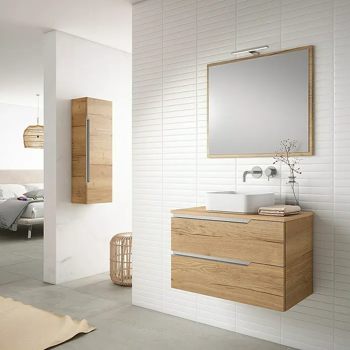 Mueble bajo de lavabo Nilo - An x Pr x Al: 80 x 45 x 50 cm, Roble/Cromo - Interior de baño elegante con mueble de madera, lavabo cuadrado y espejo a juego. Diseño elegante para baños modernos.